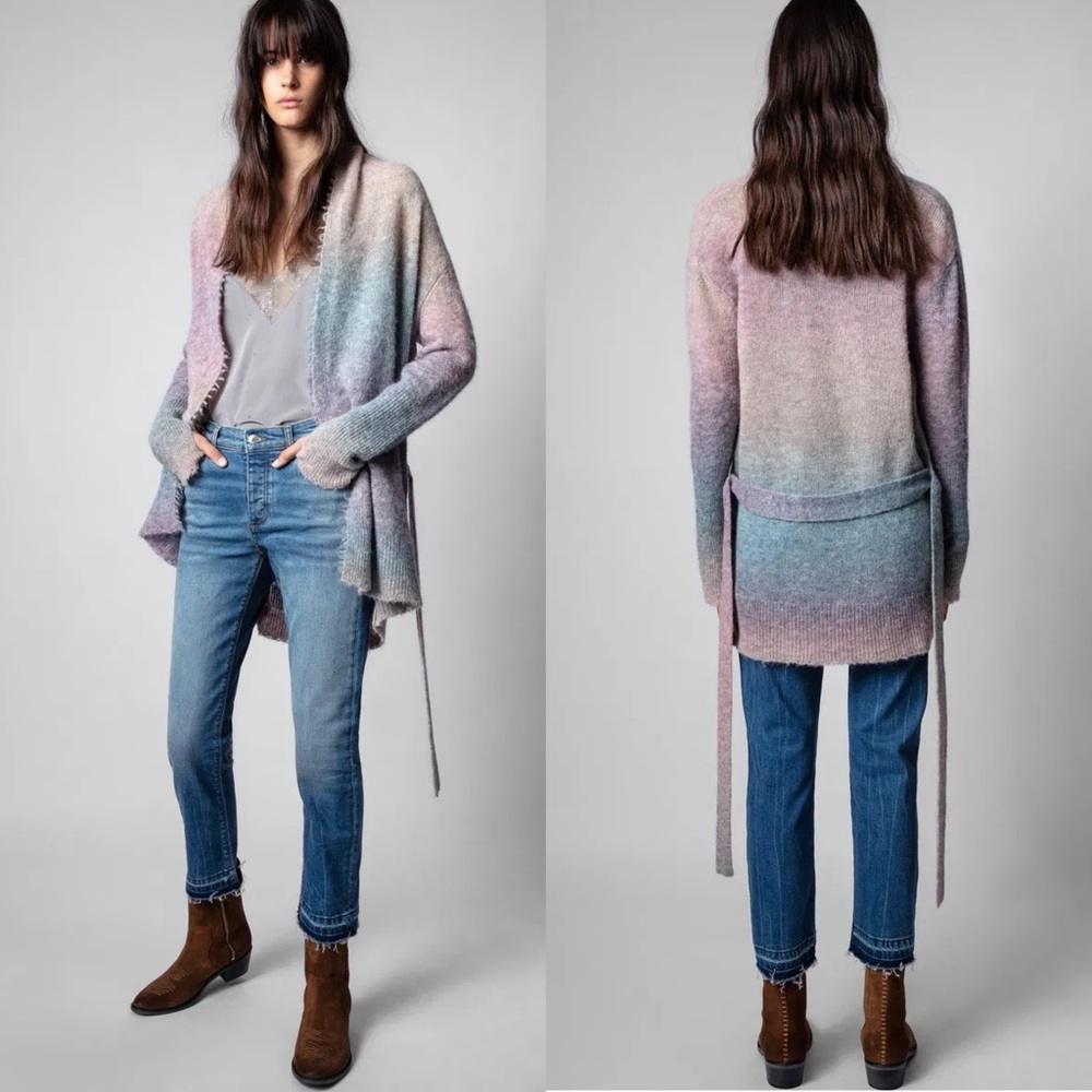 ZADIG & VOLTAIRE HAZZEL BELTED ALPACA WOOL MULTICOLOR RAINBOW CARDIGAN SWEATER